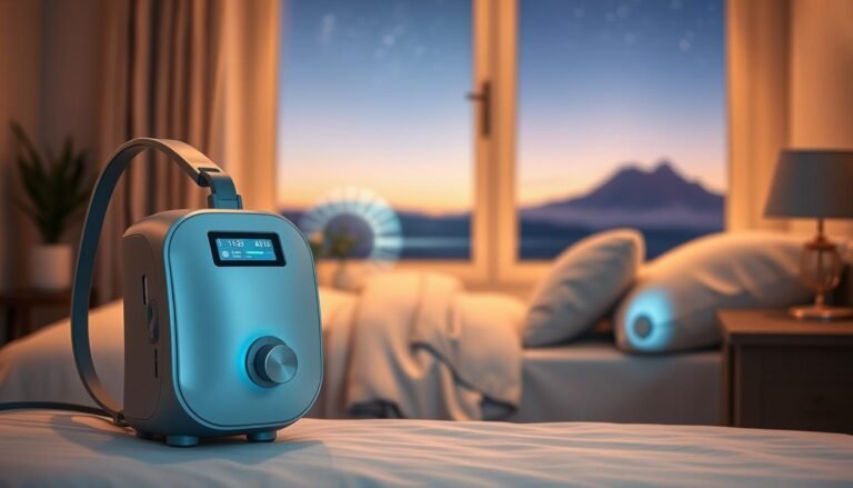 A modern CPAP machine with automatic altitude adjustment features prominently in the foreground, showcasing its sleek design and digital interface. The middle ground features a serene bedroom setting, with a neatly made bed, soft pillows, and a subtle nightstand holding the CPAP device. In the background, softly blurred, a window reveals a calm nighttime sky with twinkling stars and a distant mountain silhouette, symbolizing altitude changes. The scene is bathed in warm, gentle lighting, creating a peaceful and restful atmosphere. The angle is slightly elevated, allowing a clear view of both the CPAP machine and the comforting bedroom environment. The overall mood conveys relaxation and the importance of sleep health technology.