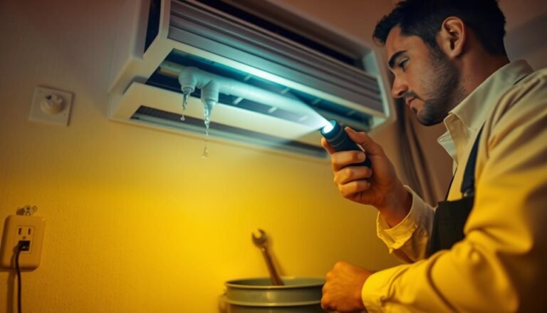 A technician in professional attire is inspecting a malfunctioning air conditioning unit. The scene focuses on the foreground, where the technician examines a dripping condensation pipe with a flashlight. In the middle ground, the air conditioning unit is mounted on a wall, displaying traces of water damage. Tools such as a wrench and a bucket are neatly arranged nearby, ready for repairs. In the background, a power outlet and electrical wires are clearly visible, emphasizing safety concerns. The lighting is warm and slightly dim, creating a focused atmosphere. The composition captures a sense of urgency and professionalism, highlighting the importance of safe maintenance procedures before any electrical work.