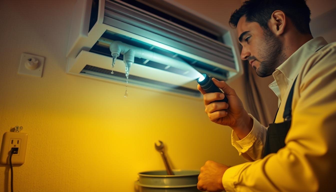 A technician in professional attire is inspecting a malfunctioning air conditioning unit. The scene focuses on the foreground, where the technician examines a dripping condensation pipe with a flashlight. In the middle ground, the air conditioning unit is mounted on a wall, displaying traces of water damage. Tools such as a wrench and a bucket are neatly arranged nearby, ready for repairs. In the background, a power outlet and electrical wires are clearly visible, emphasizing safety concerns. The lighting is warm and slightly dim, creating a focused atmosphere. The composition captures a sense of urgency and professionalism, highlighting the importance of safe maintenance procedures before any electrical work.