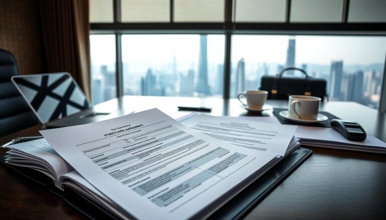 A well-organized workspace featuring essential documents for starting a company in Hong Kong. In the foreground, an open folder displays key paperwork including a business registration form, shareholder agreements, and company formation documents, all neatly arranged. The middle ground includes a stylish desk with a laptop, a coffee cup, and a briefcase, giving a sense of professionalism. In the background, a view of Hong Kong’s skyline through a large window, with soft morning light casting gentle shadows. The atmosphere is focused and motivating, reflecting the ambitions of non-residents and expatriates looking to establish a business in Hong Kong. The setting captures a modern office environment, emphasizing clarity and organization without any distractions.