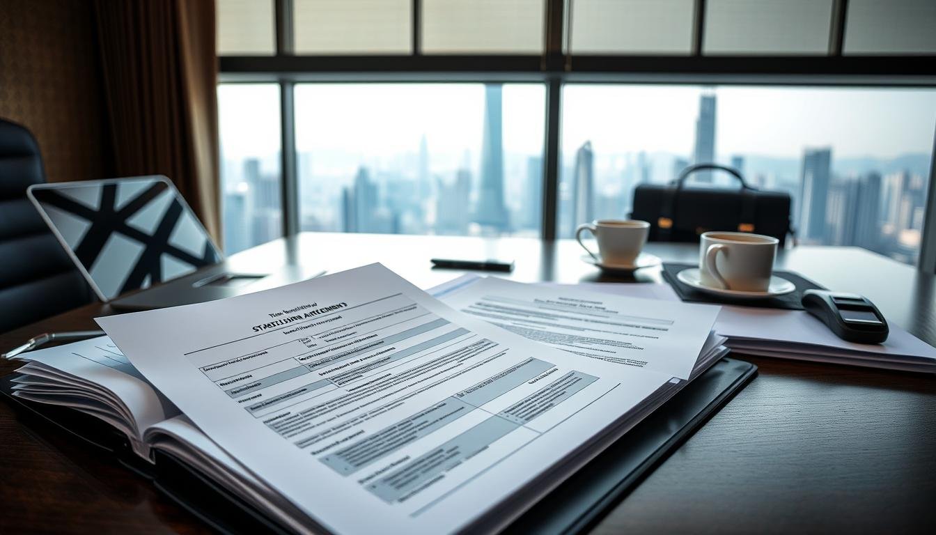 A well-organized workspace featuring essential documents for starting a company in Hong Kong. In the foreground, an open folder displays key paperwork including a business registration form, shareholder agreements, and company formation documents, all neatly arranged. The middle ground includes a stylish desk with a laptop, a coffee cup, and a briefcase, giving a sense of professionalism. In the background, a view of Hong Kong’s skyline through a large window, with soft morning light casting gentle shadows. The atmosphere is focused and motivating, reflecting the ambitions of non-residents and expatriates looking to establish a business in Hong Kong. The setting captures a modern office environment, emphasizing clarity and organization without any distractions.