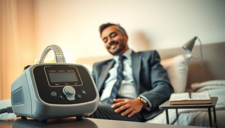 A detailed illustration of a sleep apnea machine displayed prominently in the foreground, showcasing its intricate design with buttons and a mask. In the middle ground, a person in professional business attire sits comfortably in a well-lit, modern bedroom environment, gently using the machine while appearing relaxed. Their facial expression shows a sense of calmness and relief from the symptoms of narcolepsy. In the background, soft, soothing ambient lighting creates a tranquil atmosphere, with a bedside table that includes a notebook emphasizing symptom monitoring. The overall mood of the image is peaceful and informative, designed to evoke a sense of trust in the technology's capabilities. Capture the scene with a warm lens effect from a slight angle, enhancing the sense of depth and intimacy in the setting.