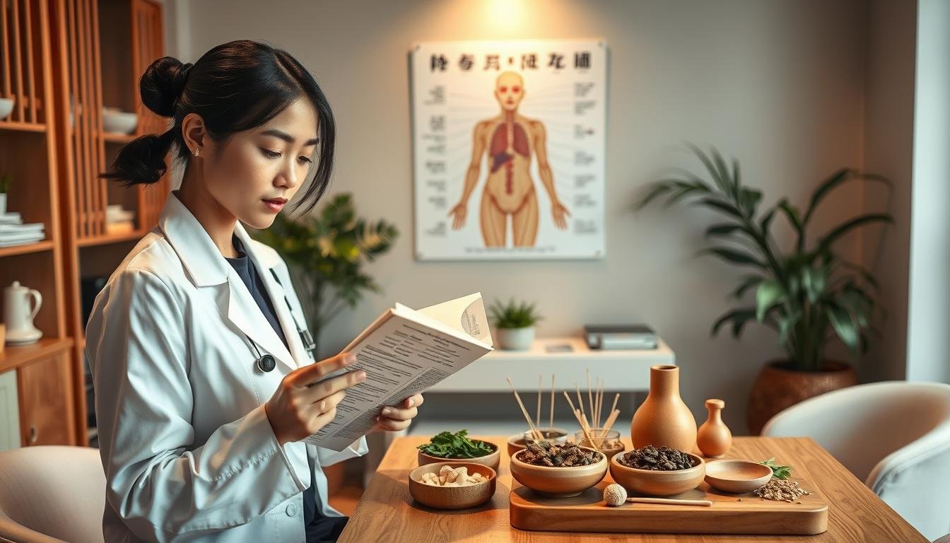 A serene and inviting traditional Chinese medicine clinic interior, focusing on a consultation room dedicated to treating rosacea. In the foreground, a professional-looking Asian female doctor in modest professional attire is examining a detailed herbal remedy book. In the middle, a neatly arranged table showcases various herbal treatments and acupuncture tools, while an anatomical diagram of the skin is displayed on the wall. The background features soft lighting and plants, creating a calming atmosphere. The scene conveys a sense of trust and professionalism, embodying the advantages of traditional Chinese medicine in Hong Kong. The composition is captured from a slightly elevated angle, providing depth and perspective to the room. The overall mood is warm and reassuring, ideal for conveying health and wellness.