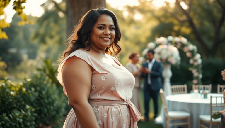 A stylish plus-size woman at a wedding, exuding confidence, wearing an elegant, flowing A-line dress with delicate floral prints. The dress features cap sleeves and a cinched waist, flattering her curves beautifully. In the foreground, she's smiling gracefully, with soft, natural makeup and her hair styled in gentle waves. The background showcases a dreamy outdoor wedding setting with lush greenery and pastel-colored floral arrangements. The lighting is warm and inviting, suggesting late afternoon sun filtering through the trees, casting soft shadows. The angle captures her full figure, emphasizing the outfit's drape and movement, creating an atmosphere of joy and celebration, perfect for a wedding.