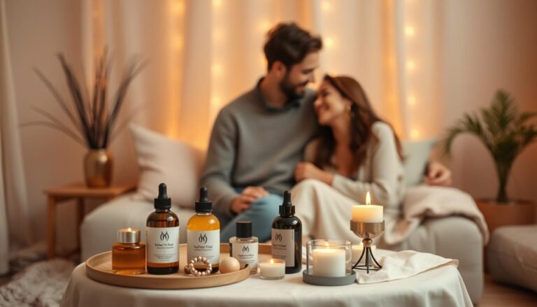 A warm, inviting space designed for intimacy, showcasing two individuals in modest, casual clothing engaged in a meaningful conversation, surrounded by tasteful and elegant relationship-enhancing items. In the foreground, there is a small, beautifully arranged table with various intimate accessories artfully displayed, like massage oils, candles, and a soft fabric for a cozy atmosphere. The middle ground captures the couple leaning towards each other with genuine smiles, creating a sense of connection and openness. The background features softly blurred ambient lighting with gentle hues, enhancing the intimate feel of the scene. The mood is serene and romantic, evoking trust and closeness, perfect for illustrating the concept of how such items can foster deeper bonds between partners.